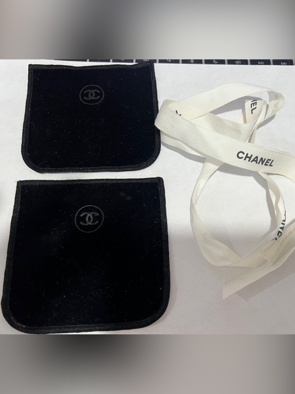 CHANEL Black Velvet Pouch Duo with White Branded Ribbon (38in)